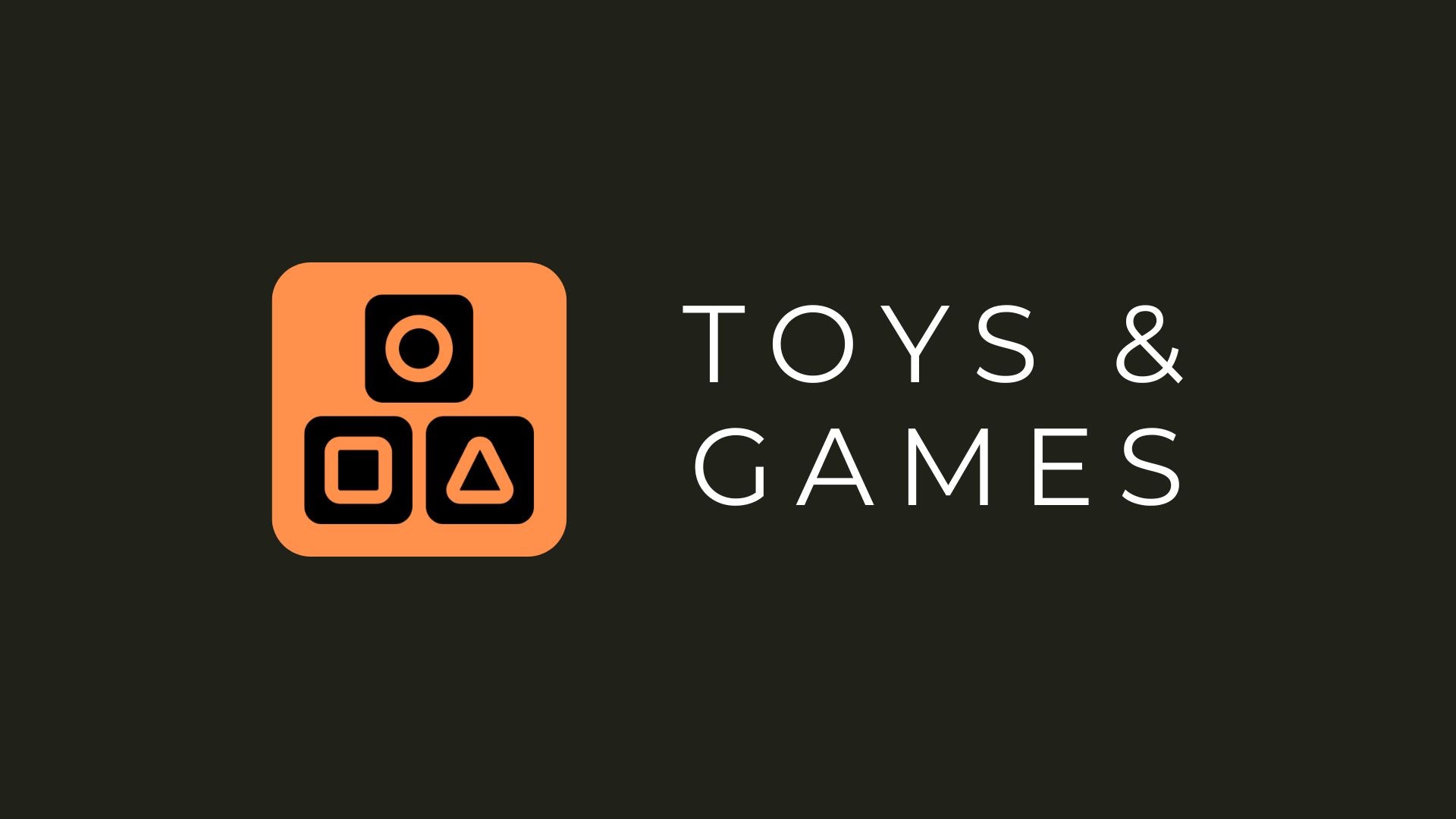 toys and games banner with geometric block icons on orange background