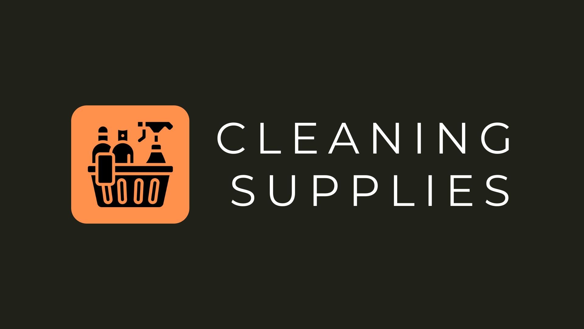 cleaning supplies banner with basket of spray bottles and tools on orange background