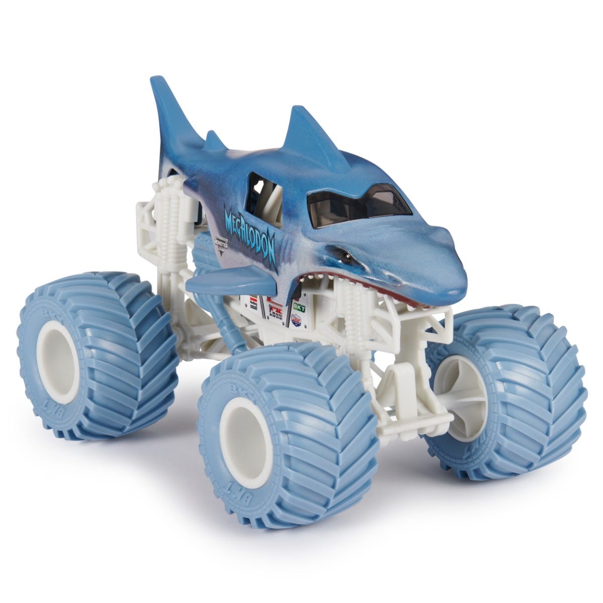 Toy vehicle with shark design and monster truck features on a white background