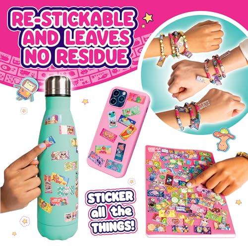 Product display with a teal water bottle, pink phone case, and colorful stickers on a pink background.