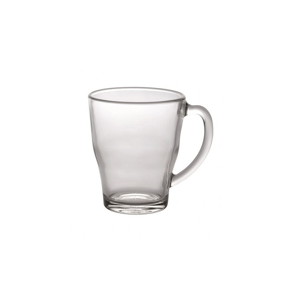 Clear glass mug with handle on a white background