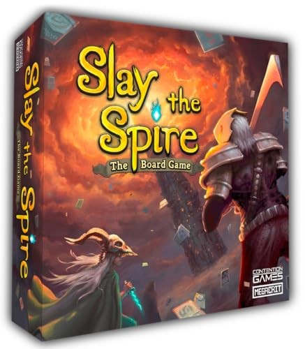 Board game box for 'Slay the Spire' with a fantasy theme and character illustration.