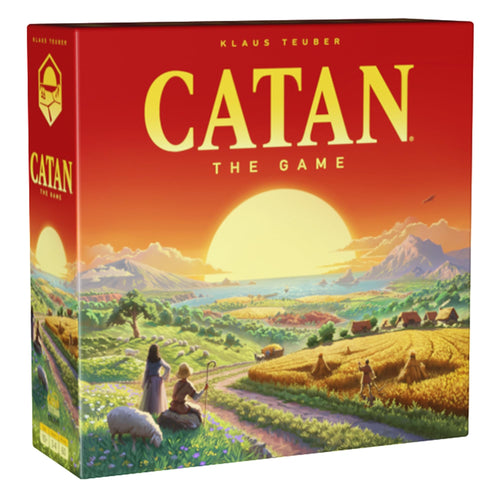 Catan 6th Edition board game box with illustrated sunset and settlement scene, strategy game for families and friends.