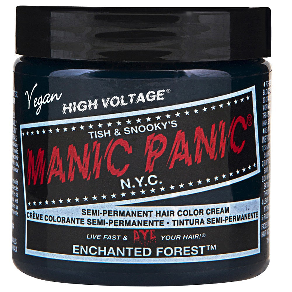 Manic Panic hair color cream jar with black lid and colorful label on a white background