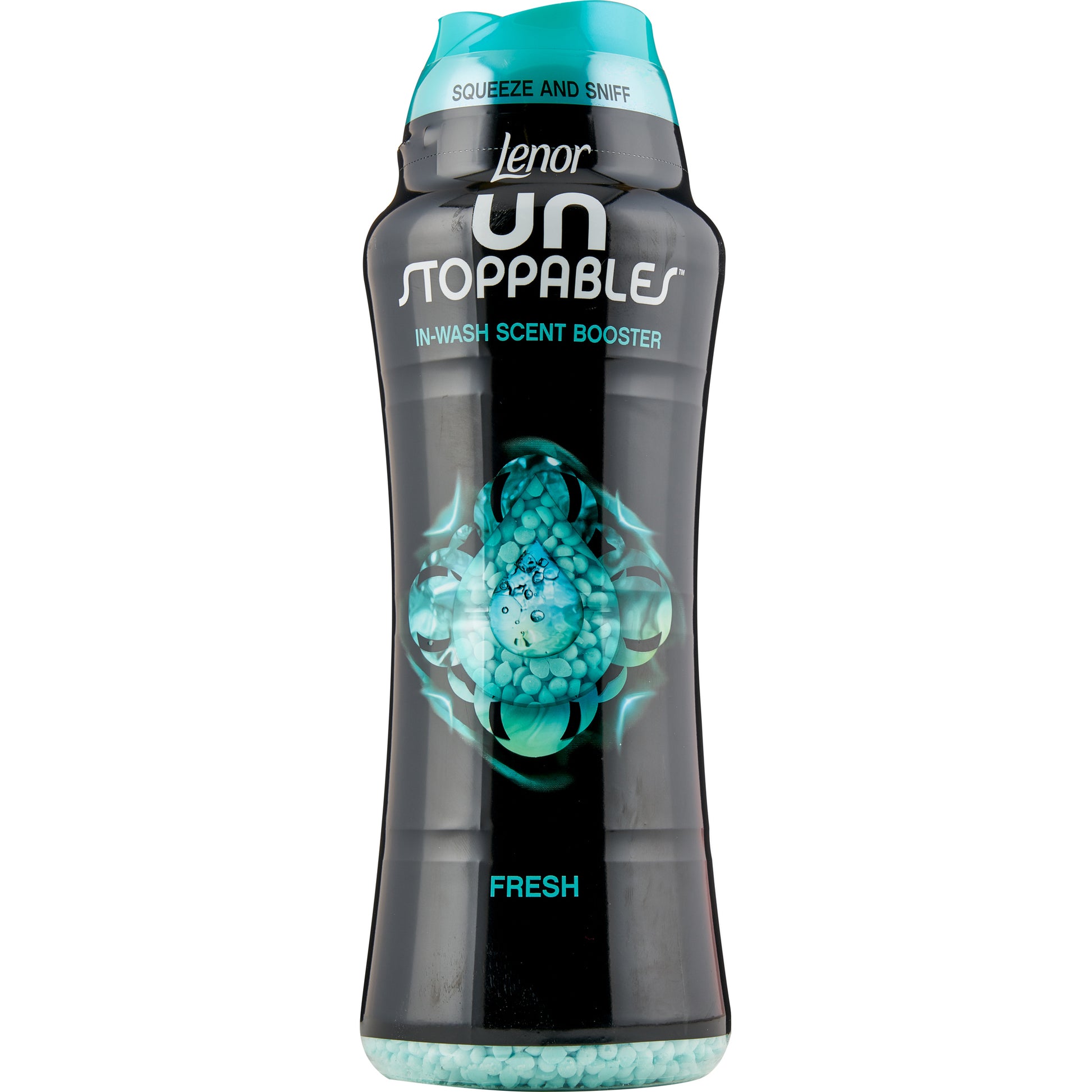 fresh scent laundry beads Lenor Unstoppables bottle with blue cap and beads