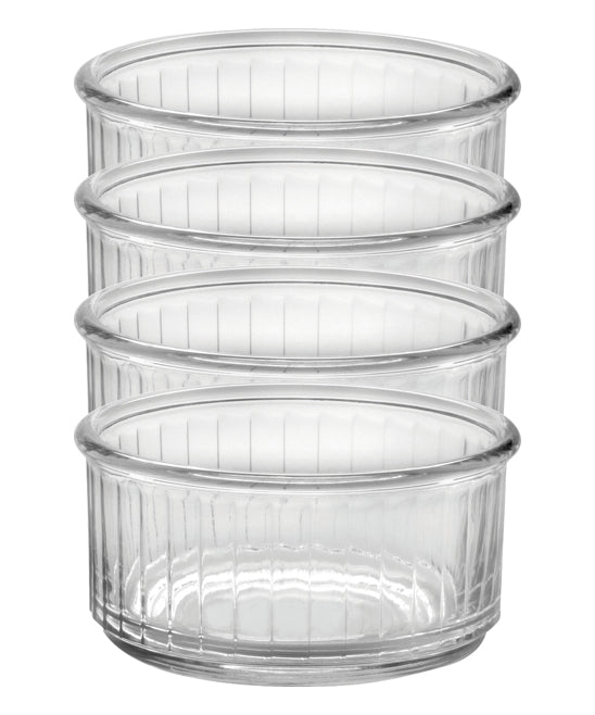 Stacked set of four clear Duralex ramekins made of oven-safe glass