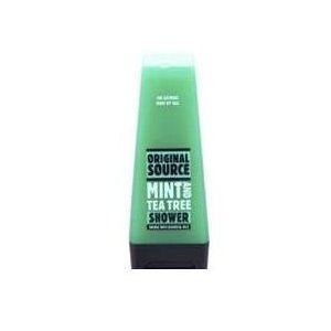 Green bottle of Original Source Mint & Tea Tree Shower Gel on a white background