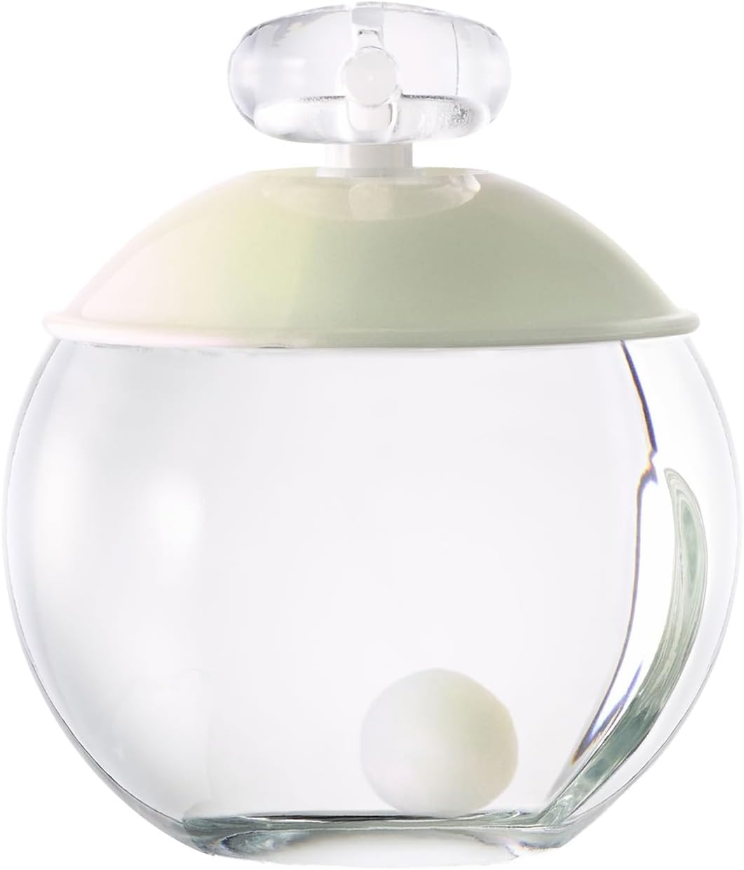 Clear glass container with a green lid on a white background