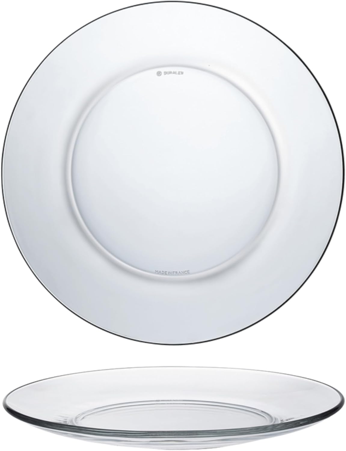 Clear glass plate with a brand logo on a white background