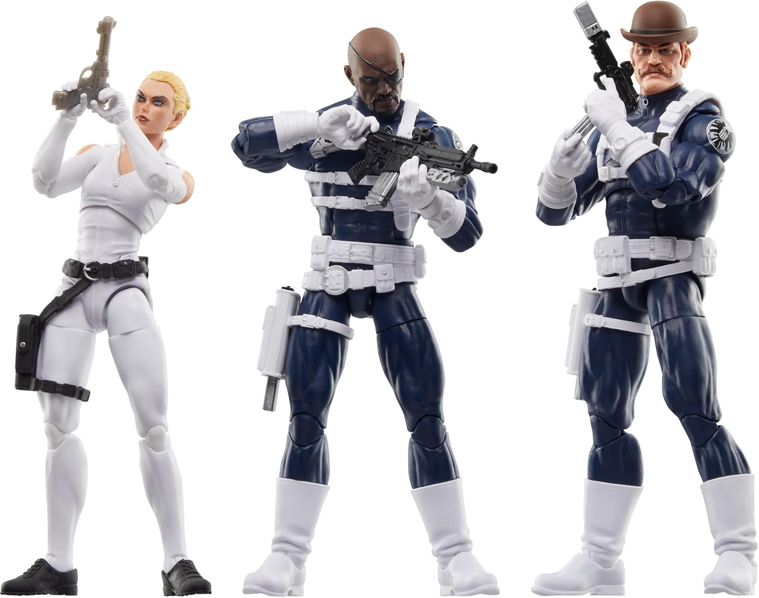 Three action figures in tactical outfits on a white background