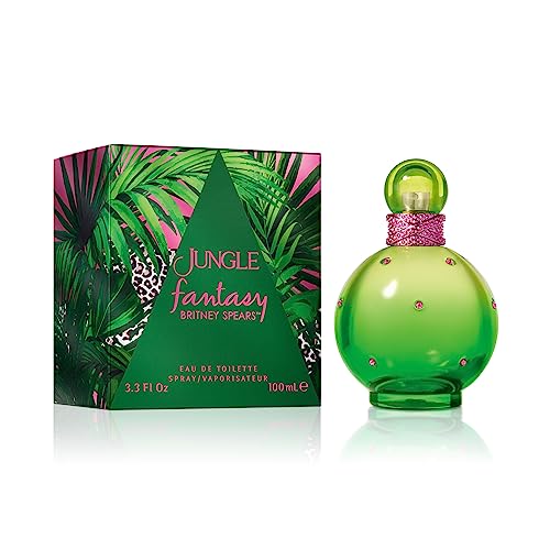 Jungle Fantasy perfume bottle and box by Britney Spears in green and pink jungle-themed design.