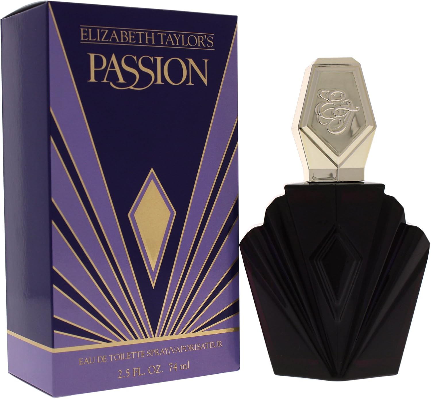 Elizabeth Taylor Passion perfume bottle and box in purple and gold art-deco design.