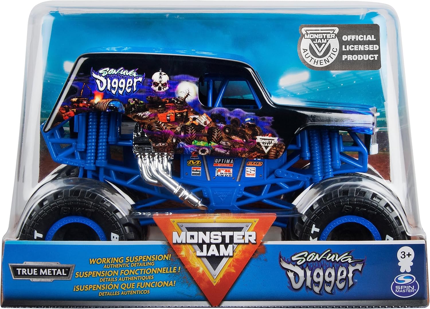 Monster Jam toy truck in packaging with 'Savina Digger' branding.