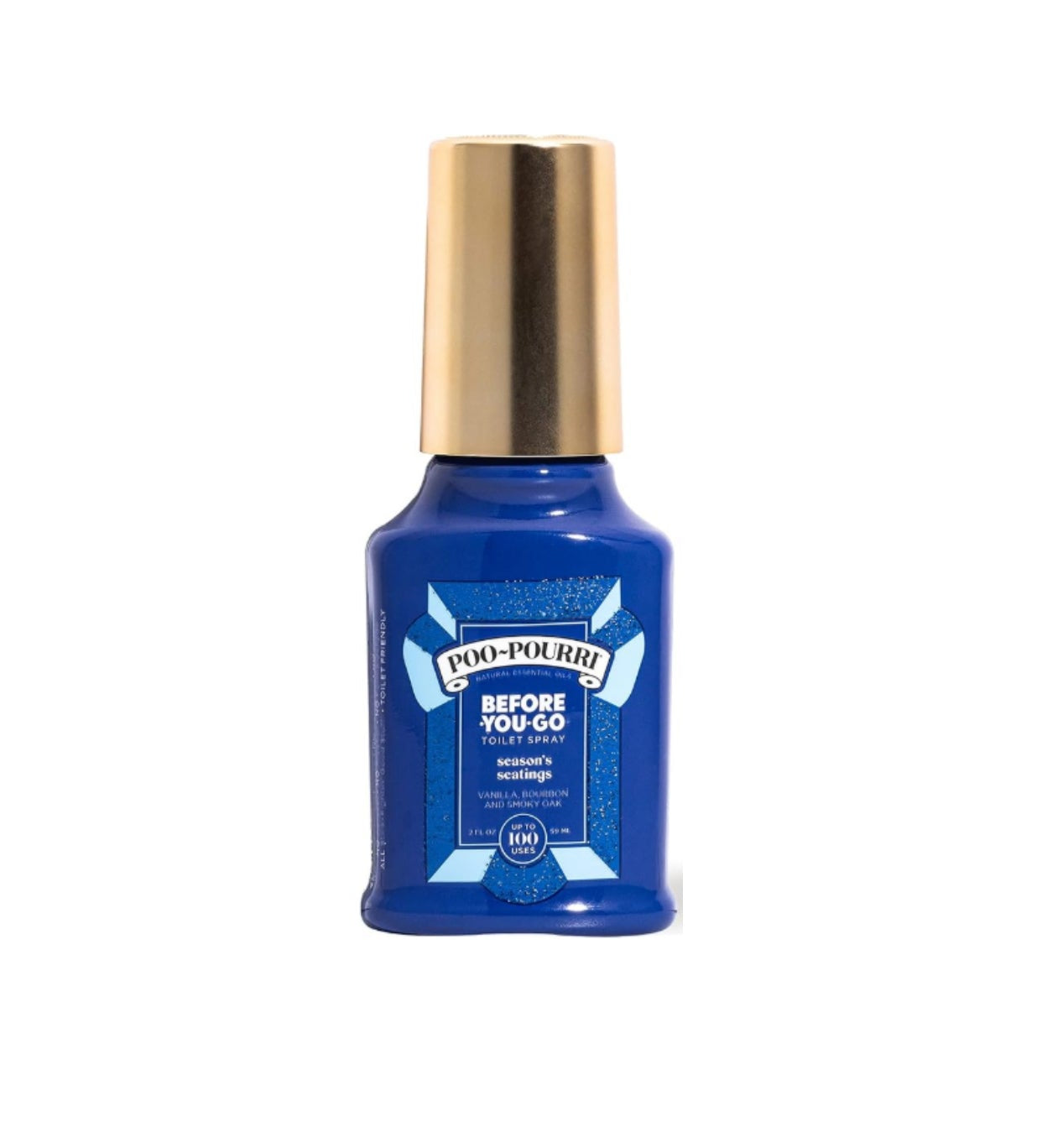 Blue bottle of Poo-Pourri with gold cap on a white background