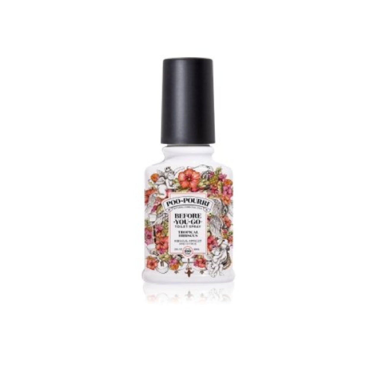 Poo-Pourri ink drop bottle with floral design on a white background