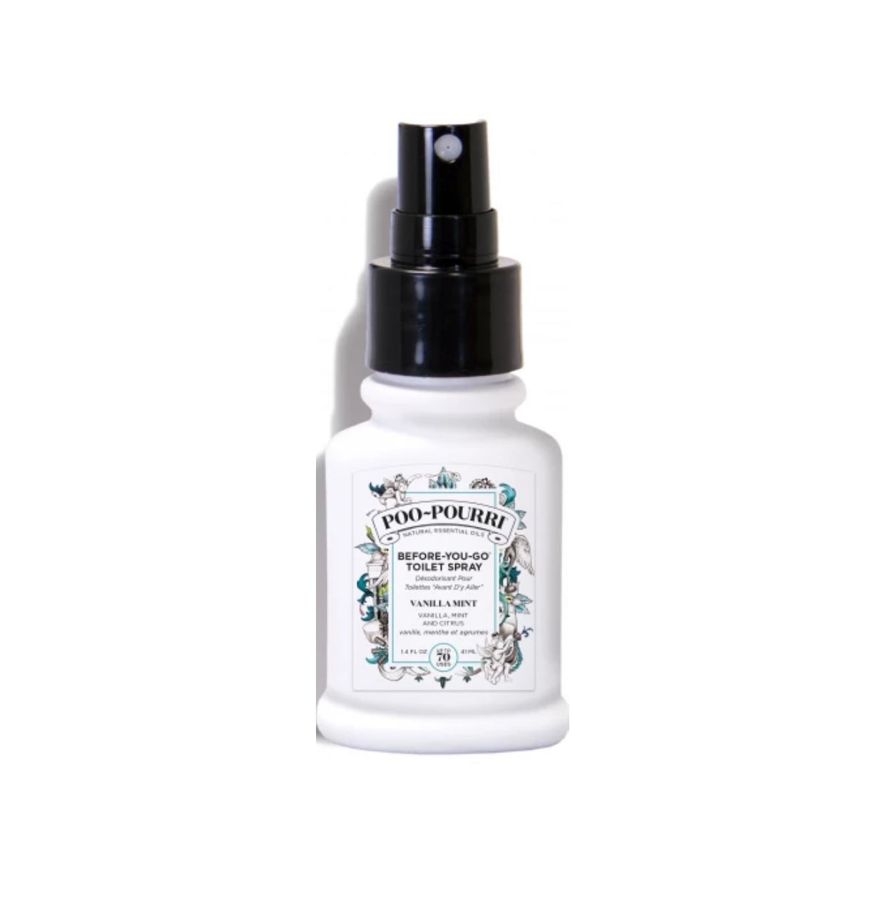 White bottle of Poo-Pourri with black cap on a white background